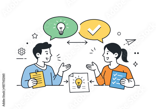 Collaborative Idea Exchange. Open communication. Colleagues exchanging ideas through speech bubbles and shared notes, representing trust and dialogue. Friendly
