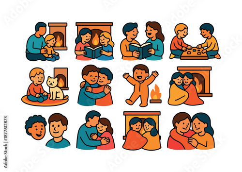 Family Fireplace Icons. Family fireplace time. Colorful flat vector icons set of family fireplace time: parent with child, shared storytime, laughter by fire,