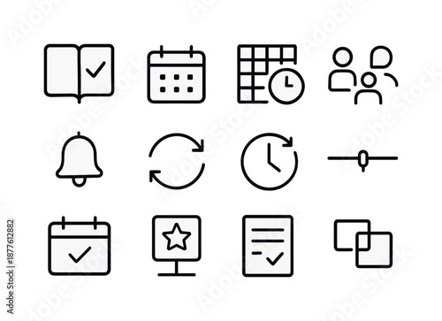Work Scheduling Icons. Work Scheduling. Line icon set of Work Scheduling: planner book, date box, hour grid, meeting icon, reminder bell, sync arrows, rotating