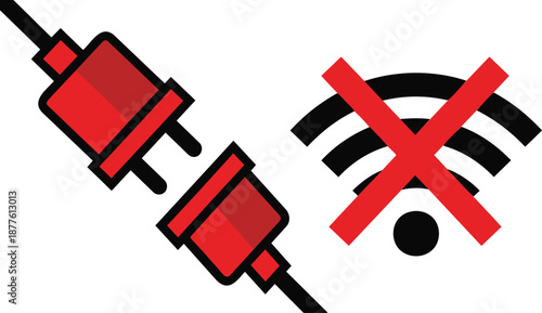 No Connection: Flat vector icon of disconnected plug symbol in red and black on white background.