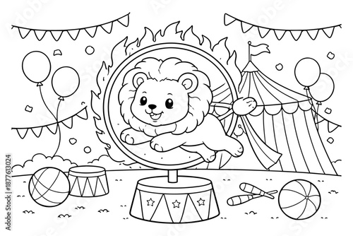 Cute Cartoon Lion Jumping Through Fire Hoop at Circus Performance with Tent and Balloons