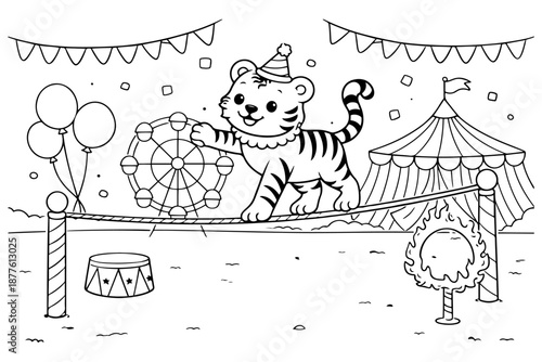 Cute Tiger Cub Walking on Tightrope at Circus with Ferris Wheel and Tent