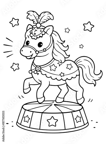 Cute Cartoon Horse Performing on Circus Stage with Stars and Feathers