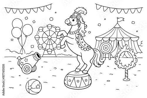 Circus Horse Performing Tricks with Cannon, Ferris Wheel, and Tent