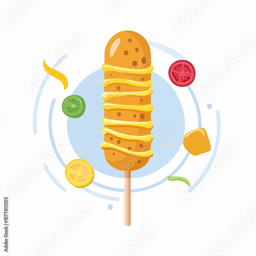 Vibrant vector illustration of a deep-fried corn dog with creamy cheese sauce and fresh garnishes. Ideal for menus and food advertisements