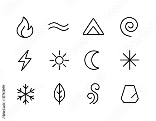 Elemental Runes Icon Set. Runes and symbols. Line icon set of elemental signs: fire rune, water wave, earth mountain, air swirl, lightning rune, sun symbol,