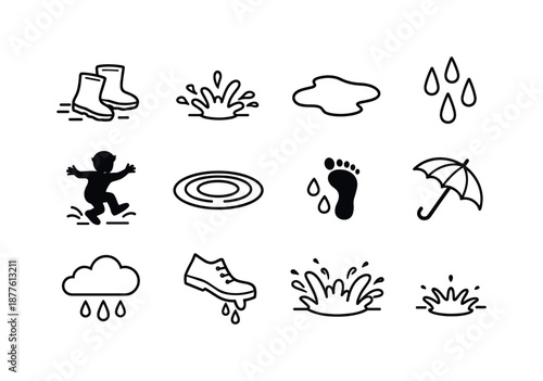 Puddle Splash Icons. splashing in puddles. Line icon set of splashing in puddles: jumping boots, water splash, puddle outline, raindrop fall, child jumping