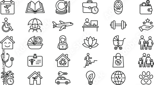 Lifestyle outline icons set featuring travel family health finance home work baby wellness education insurance savings modern symbols