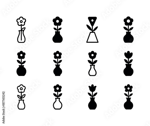 Vase Icon Variations. Tabletop flower vase. Icon set. Set Logo of tabletop flower vase: single stem in vase. harmonious logo variations of the same emblematic