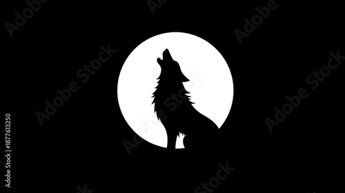 Black silhouette of a wolf howling at the moon, in stark white against a solid black background