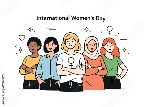 Empowering Women United. International Women?s Day celebration. Diverse women standing together with confident postures and gentle smiles. Calm empowering mood