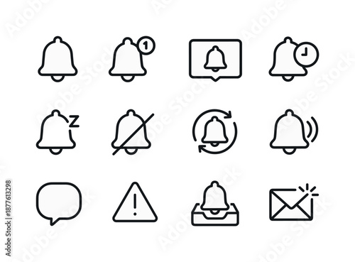 Notification Icons Set. Notification system. Line icon set of Notification system: alert bell, badge counter, pop-up notification, scheduled alert, snooze