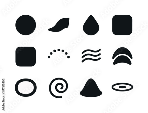 Abstract Calming Icons. Therapeutic touch. Solid icon set of abstract calming shapes: soft circle, curved wave, teardrop, smooth triangle, rounded square,