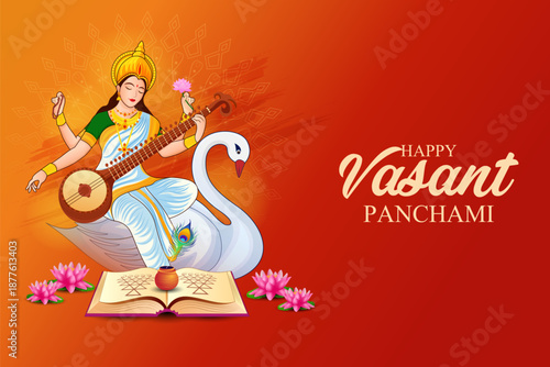 illustration of Vasant Panchami Saraswati Puja Indian festival background
