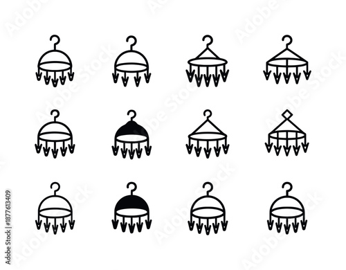 Laundry Rack Icons. Laundry drying rack. Icon set. Set Logo of laundry drying rack: circular hanger with clips. harmonious logo variations of the