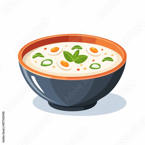 Illustration of a delightful creamy soup in a dark bowl, elegantly garnished with fresh green onions, small boiled eggs, and aromatic basil, a perfect comforting and flavorful dish