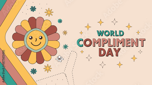 Flat vector illustration of a single oversized smiley flower surrounded by colorful stars and flowers on beige background celebrating world compliment day with vibrant