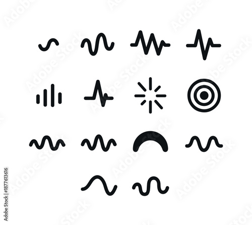 Sound Intensity Icons. Sound intensity icons. Solid icon set of sound intensity icons: low wave, medium wave, high wave, quiet pulse, loud pulse, sharp spike,