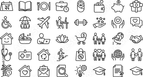 Life style icons set covering travel education family health finance work wellness charity shopping home baby care lifestyle symbols outline