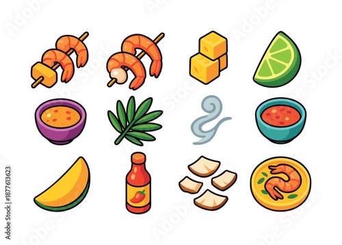 Tropical Shrimp Icon Set. Tropical shrimp skewers. Colorful isometric vector icons set of tropical shrimp skewers: shrimp and mango skewer, shrimp and coconut