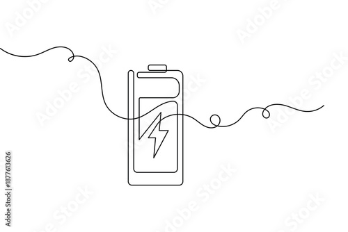 Battery symbol hand drawn in continuous line art style for minimalist tech design element