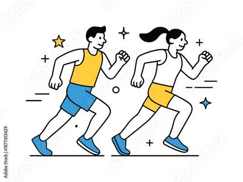 Dynamic Athlete Rivalry. Sport competition moment. Two athletes running side by side, dynamic but balanced composition. Sense of movement, motivation and