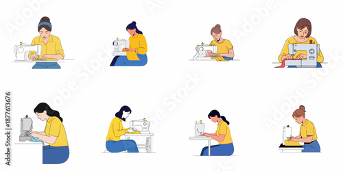 Collection of 8 illustrations showing diverse women sewing and tailoring clothes using a sewing machine for hobby, craft, or professional garment work.