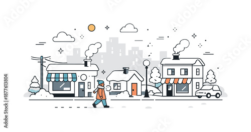 Snowy Urban Serenity. Snowy City Morning. A quiet urban street covered in fresh snow, with small buildings and soft smoke rising from rooftops. The scene shows