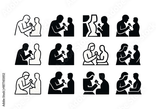 Sculptor Icon Set. Sculptors shaping their creations. Icon set. Set Logo of Sculptors shaping their creations: sculptor with chisel. harmonious logo variations