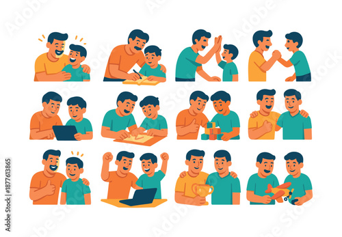 Father-Son Bonding Icons. Father?Son Bonding. Colorful flat vector icons set of Father?Son Bonding: shared laughter, learning moment, high-five, offering help,
