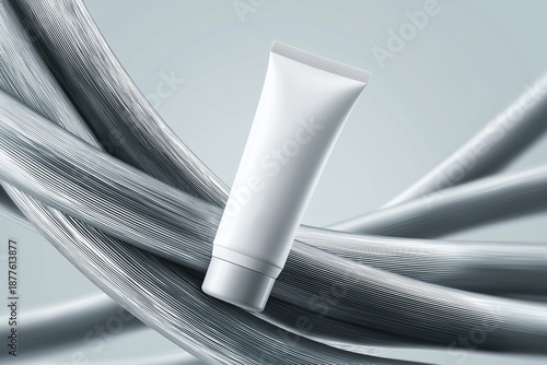 Blank white packaging tube, suitable for cosmetic or beauty product, on light gray background with swirling, textured lines, dynamic backdrop