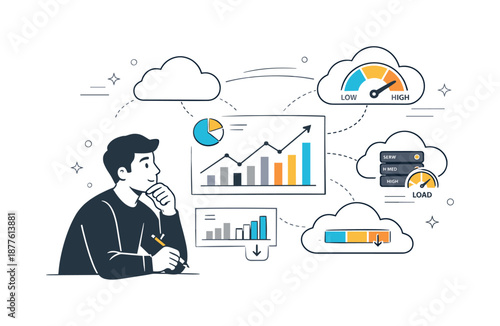 Cloud Analytics Visualization. Cloud performance analytics. Person analyzing usage graphs and load indicators connected to cloud icons. Thoughtful data-driven