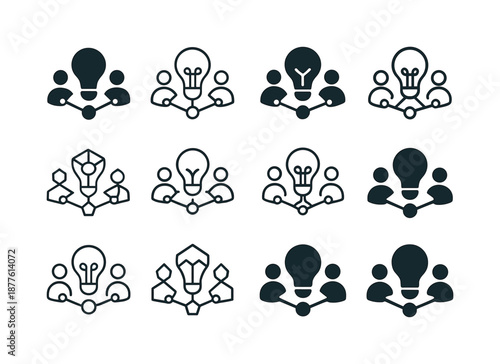Innovative Team Logos. Team brainstorming innovative ideas. Icon set. Set Logo of team brainstorming innovative ideas: lightbulb with connection lines.