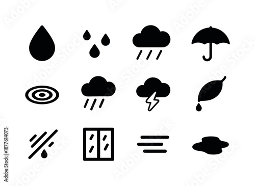 Rain Icons Grid. Rain sounds. Solid icon set of rain sounds: raindrop, drizzle icon, heavy rain, umbrella silhouette, puddle ripple, storm cloud, soft thunder