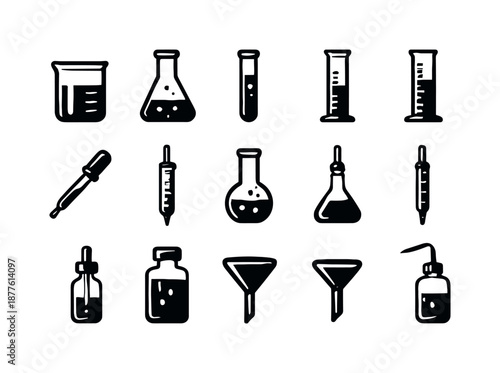 Laboratory Glassware Icons. Laboratory glassware. Solid icon set of Laboratory glassware: beaker, Erlenmeyer flask, test tube, graduated cylinder, pipette,