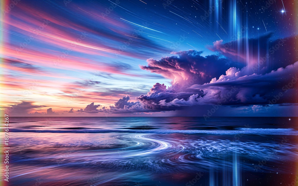 Fototapeta premium Vibrant sunset over ocean, surreal clouds, neon hues, digital glitch effects on beach.