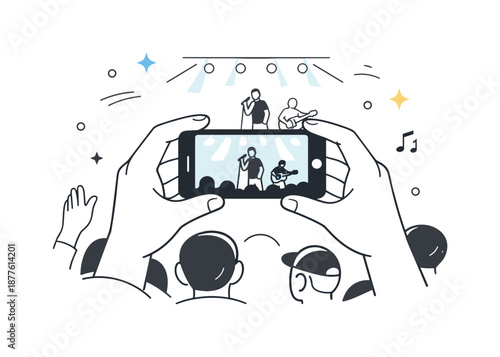 Capturing the Concert. Concert audience recording moment. Person holding a phone to capture the performance, simple screen glow and calm gestures around.