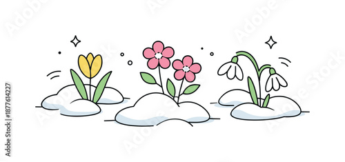 Blooming Through Snow. Flowers blooming through snow scene. Simple snow shapes with delicate flowers emerging, suggesting renewal and seasonal change. Clean