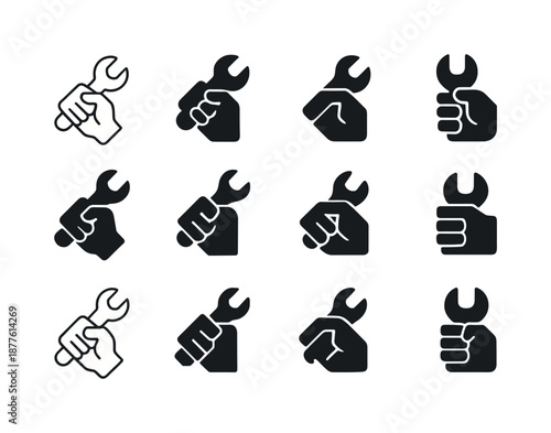 Hands-On Job Icons. Hands-on job. Icon set. Set Logo of hands-on job: wrench tool. harmonious logo variations: Minimal outline, Filled silhouette, Abstract