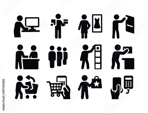 Shopping Icon Set. Shopping behavior. Solid icon set of shopping behavior: browsing icon, compare product, try-on icon, ask staff icon, queue icon, pick item,