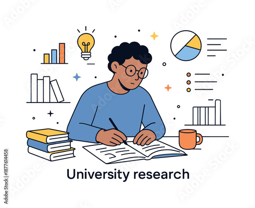 Focused Research Student. University research. Student working in a laboratory or library with books, charts, and notes. Focused analytical work with floating