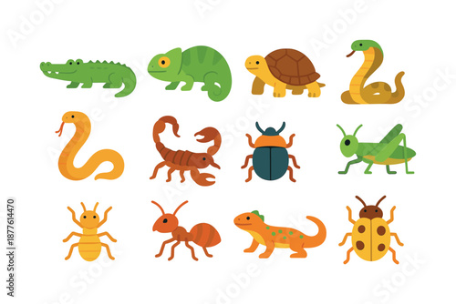 Savanna Wildlife Icons. Savanna reptiles & insects. Colorful flat vector icons set of savanna reptiles & insects: crocodile, chameleon, tortoise, python,