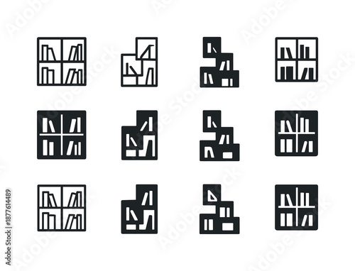 Geometric Bookshelf Icons. Geometric bookshelf with a modern, artistic design. Icon set. Set Logo of Geometric bookshelf with a modern, artistic design:
