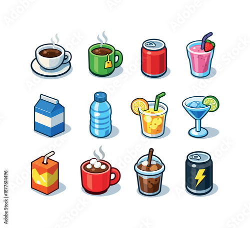 Colorful Drink Icons. drinks. Colorful isometric vector icons set of drinks: coffee cup, tea mug, soda can, smoothie glass, milk carton, water bottle, lemonade