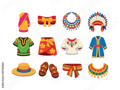 Cultural Attire Icons. Cultural Attire. Colorful flat vector icons set of Cultural Attire: sari drape, kimono obi, Maasai beads, feathered headdress, patterned