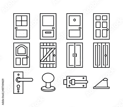 Wooden Door Icons. wooden door. Line icon set of wooden door: door with window, door with mail slot, door with peephole, panelled door, carved door, rustic