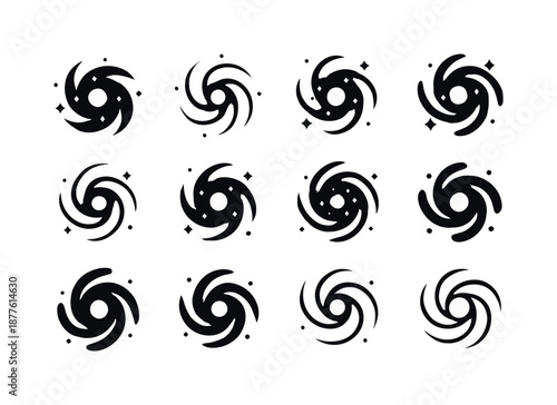 Galactic Core Icons. Galactic core. Icon set. Set Logo of Galactic core: Stellar cluster core: Filled silhouette, Minimal outline, Stylized detail, Iconic