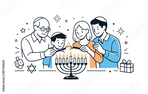 Lighting the Menorah. People lighting menorah. Family or friends gathered around a menorah, gently lighting candles, calm reverence and warm holiday