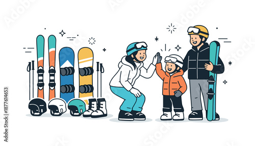 Family Winter Sports Gear. Family winter sports gear. Adults and child standing near a tidy set of helmets, skis and snowboards, friendly interaction and
