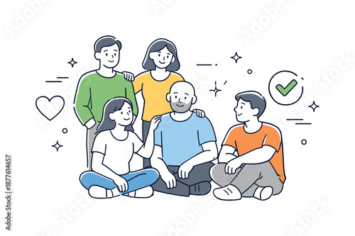Positive Group Support. Group counseling positive progress. Group standing or sitting together with relaxed smiles, subtle heart or checkmark symbol nearby.